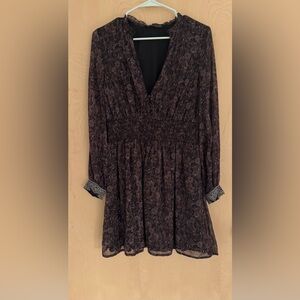 Zara Black and Brown Patterned Long Sleeve Dress